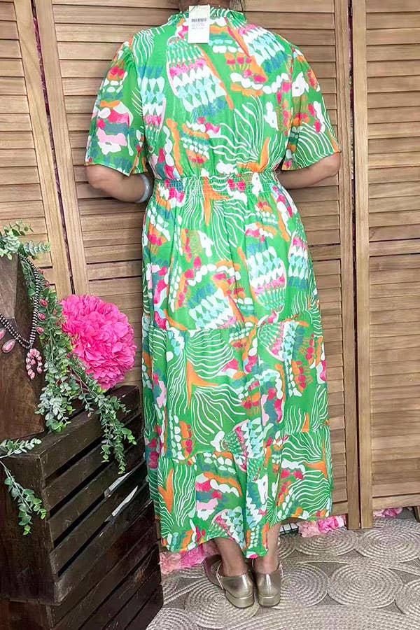 Green floral spring short sleeve women dress GJQ16824