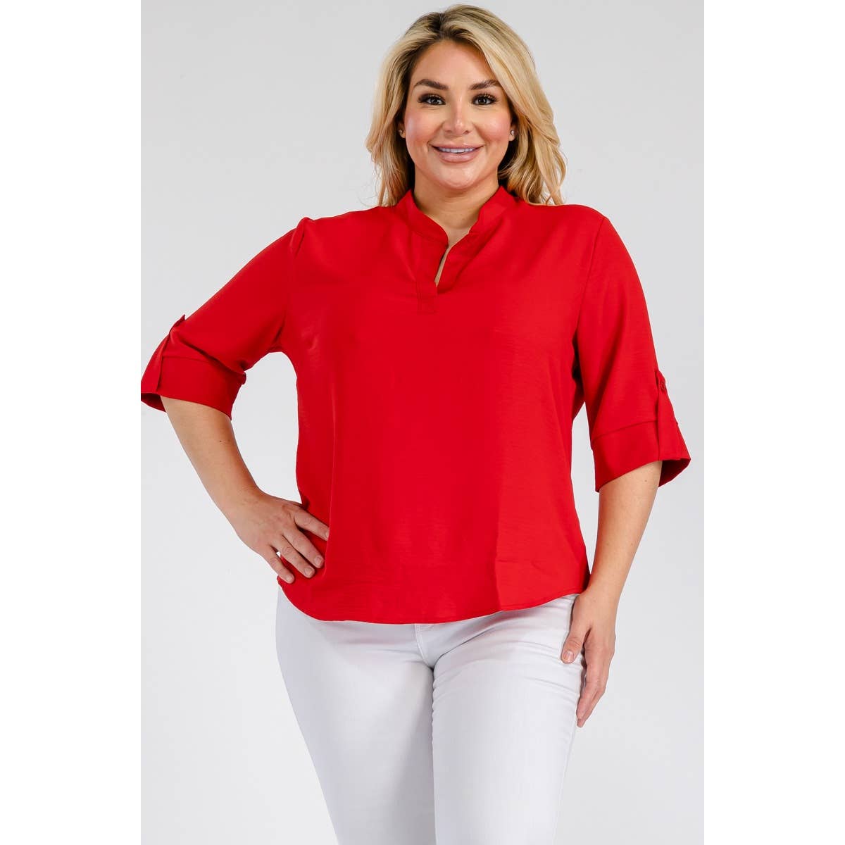 PLUS SIZE SPLIT NECK ROLL UP SLEEVE RELAXED BLOUSE