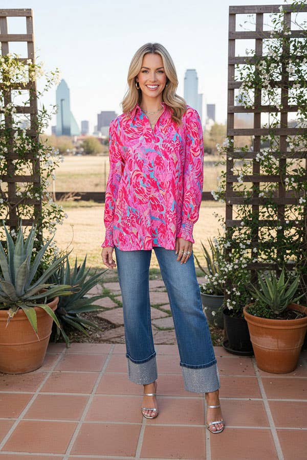 Trendy pink floral v-neckline women's boutique top GJQ16006