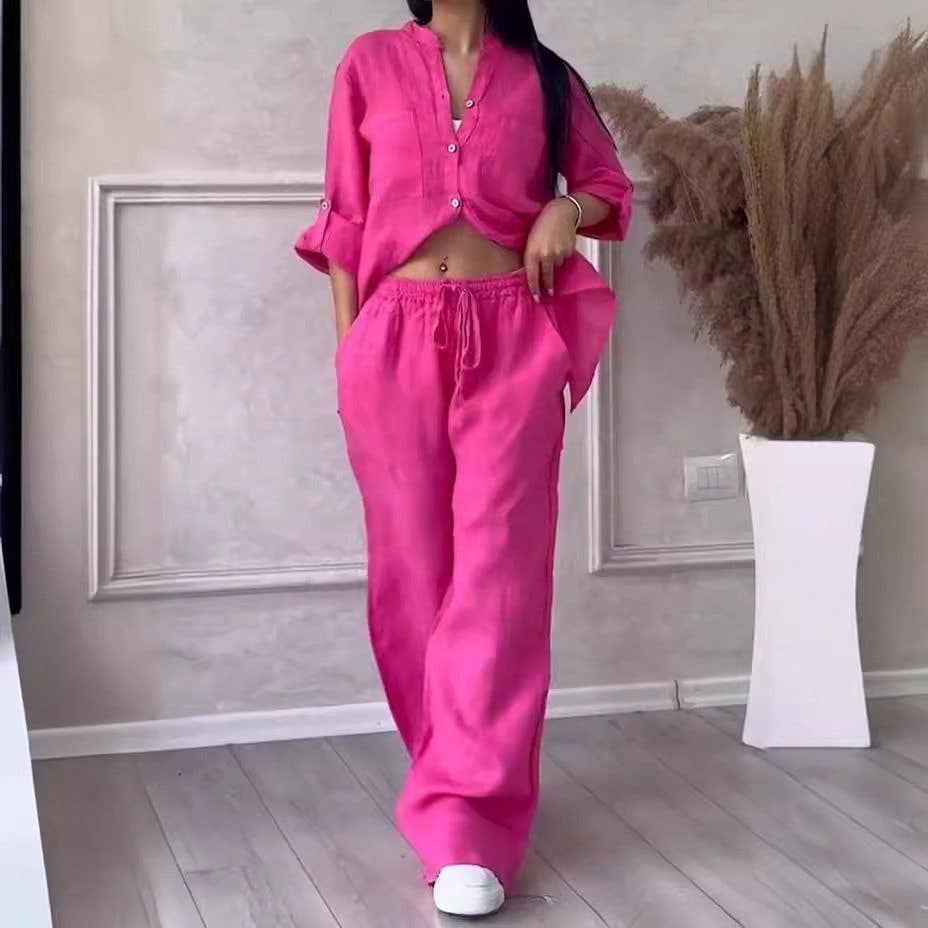 Solid Color Casual Shirt Drawstring Wide Leg Pants Set