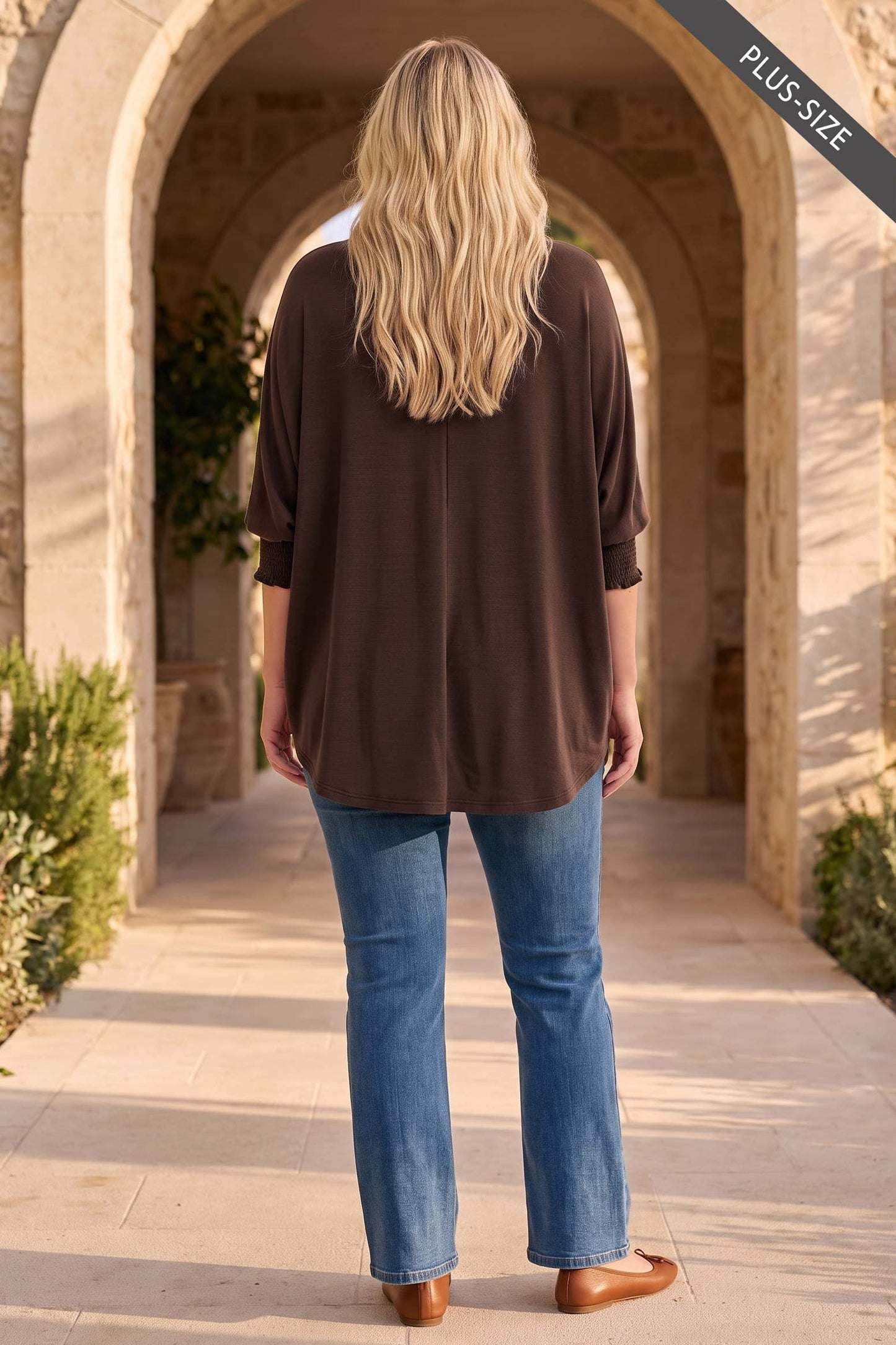 PLUS SIZE Oversized Smocked 3/4 Sleeve Poncho Blouse