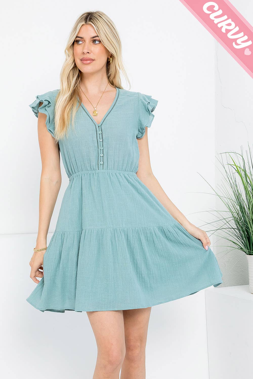 PLUS SIZE RUFFLE BUTTON FRONT SHORT DRESS