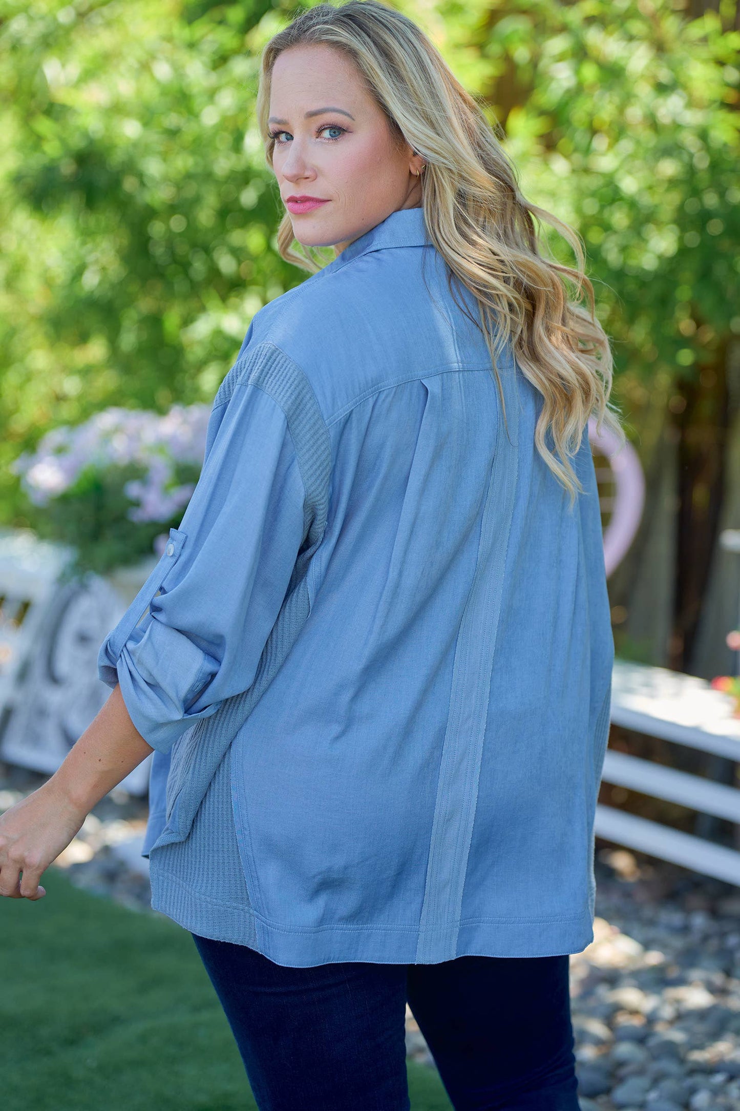 Plus Breezy Denim-Blue Button-Up-PIT6655