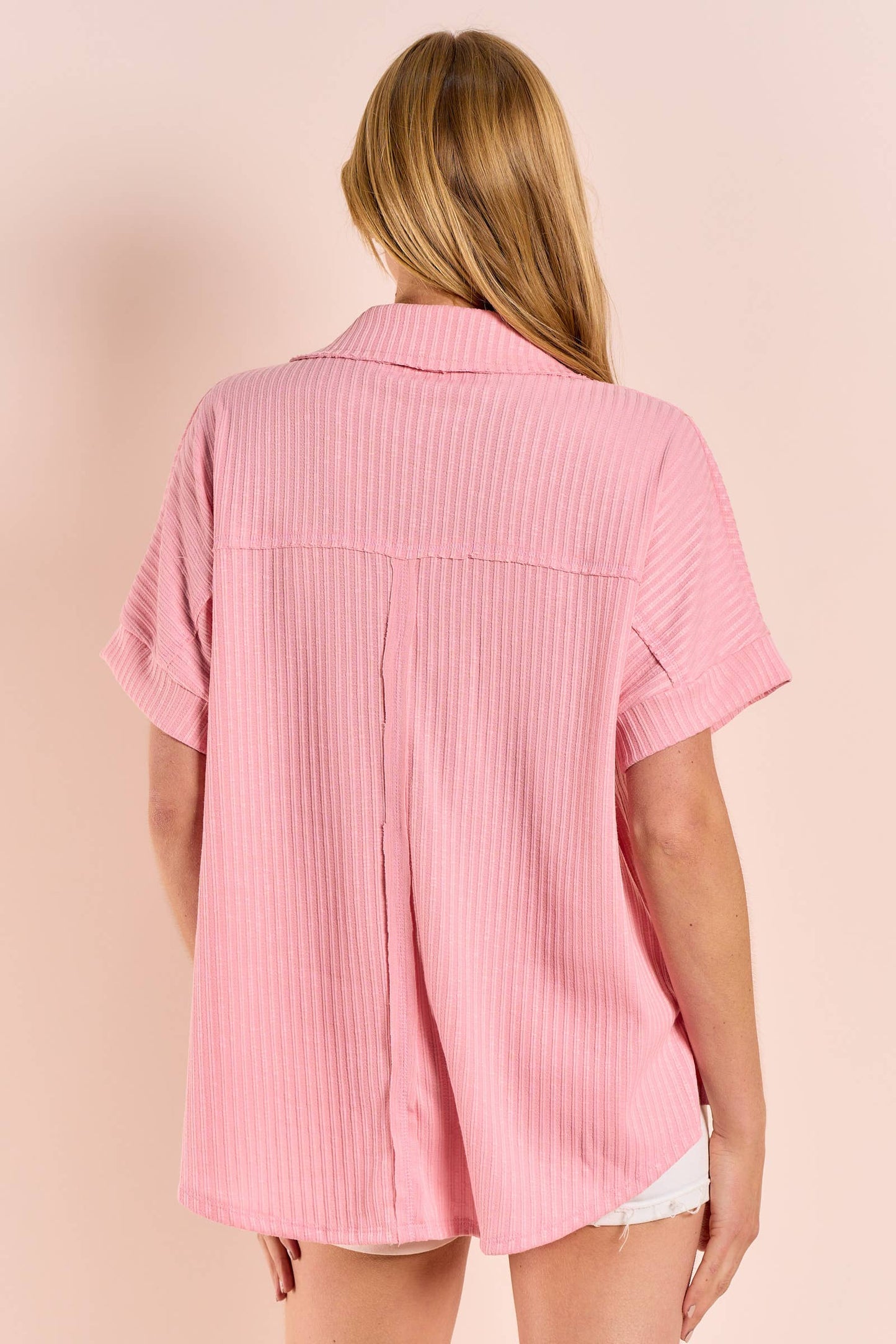 Plus double knit rib loose fit button down top-PST11170