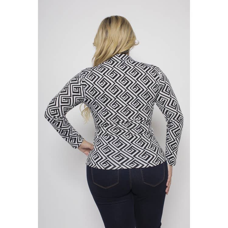 PLUS SIZE GEO PRINT SURPLICE COLLARED LONG SLEEVE TOP