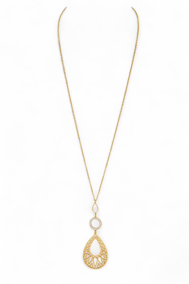 Filigree Teardrop Crystal Accent Pendant Long Necklace