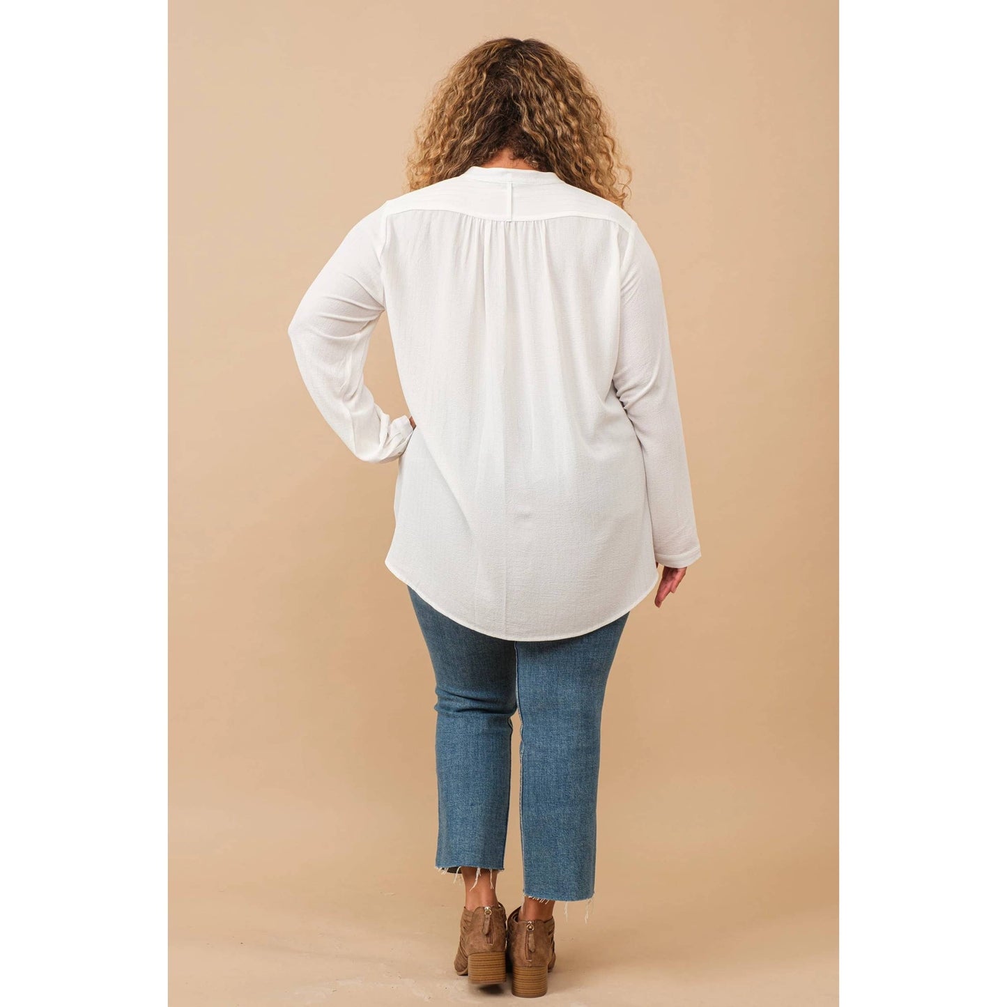 PLUS SIZE LUREX PINSTRIPE BUTTON DOWN LONG SLEEVE BLOUSE