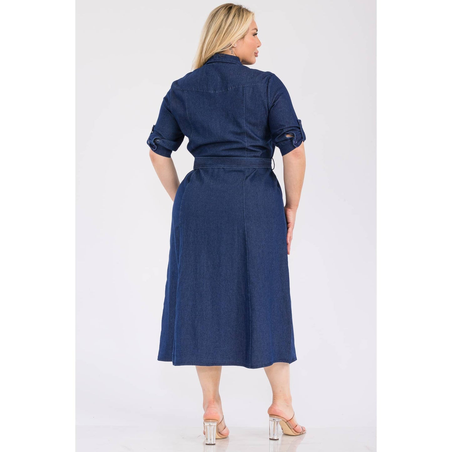PLUS SIZE DENIM COLLARED BUTTON DOWN TIE WAIST MIDI SHIRT DR