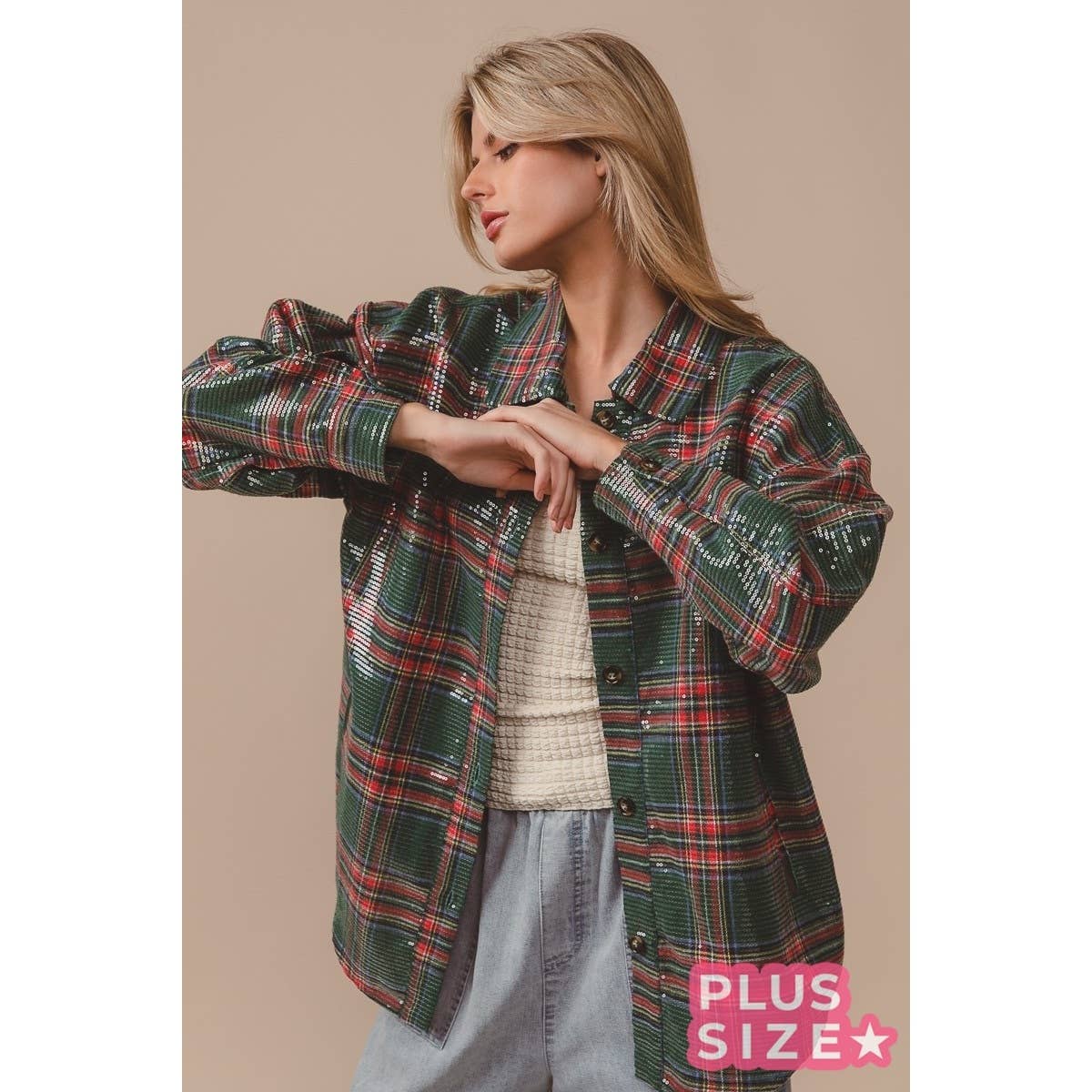 PLUS CLEAR SEQUIN PLAID CHRISTMAS SHIRT