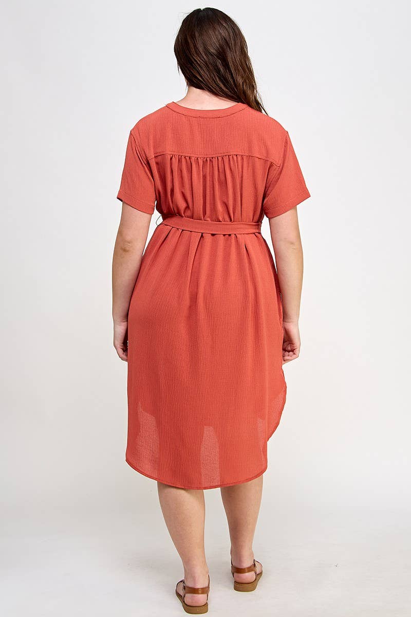 Plus Size Midi V-Neck Waist Tie Dress SS2352P-D