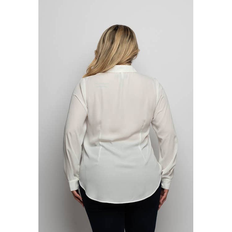 PLUS SIZE COLLARED BUTTON DOWN TIE WAIST CUT OUT LONG SLEEVE