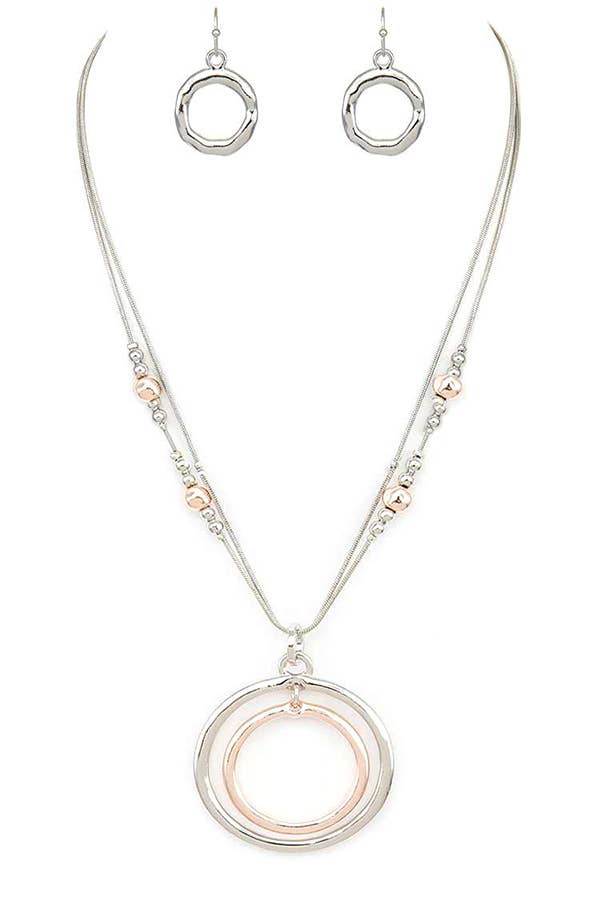 Metal Beads & 2 Tone Hoops Pendant Necklace Set
