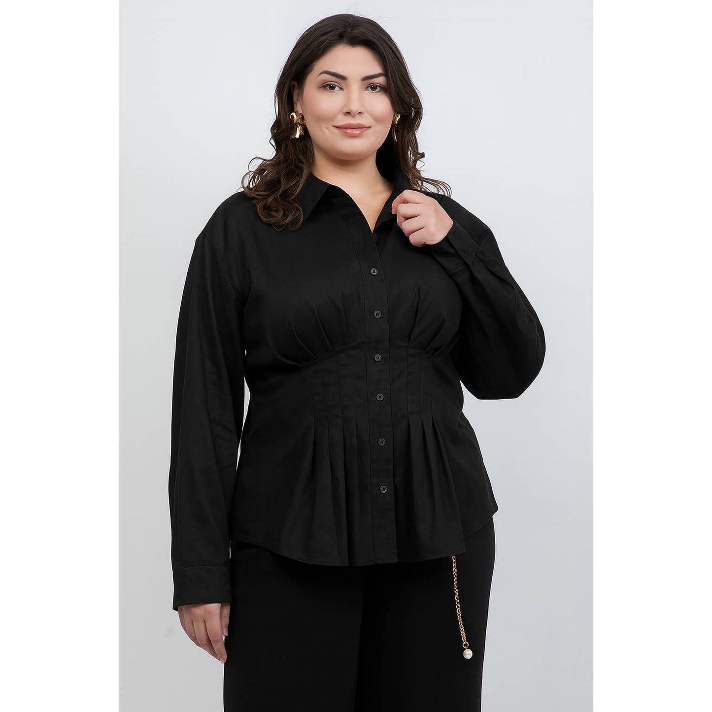 PLUS SIZE COLLARED BUTTON DOWN LONG SLEEVE PLEATED DETAIL SH