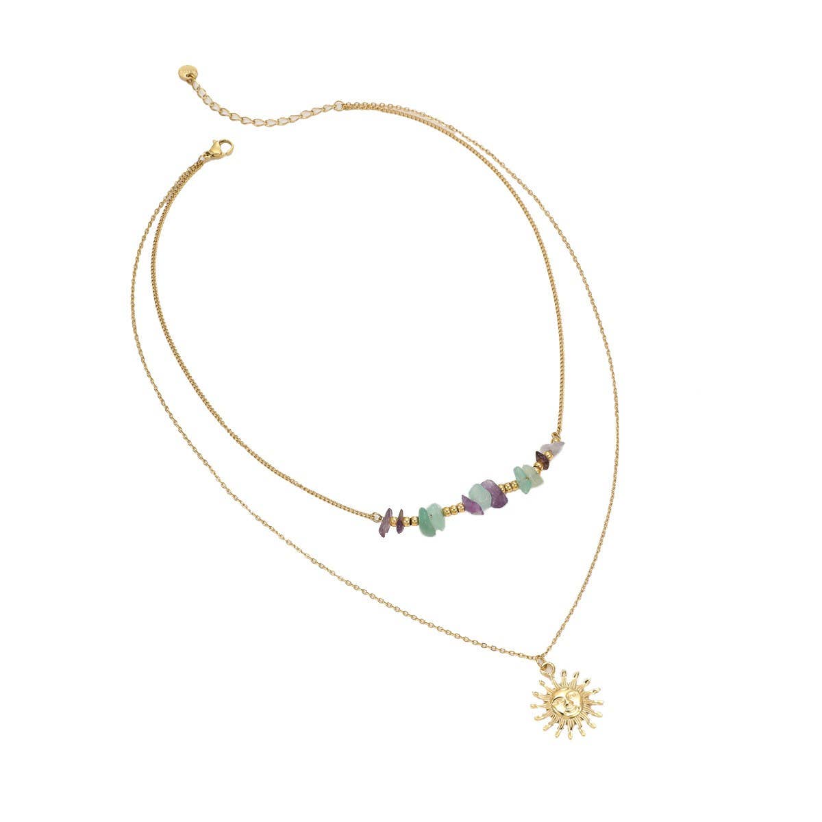 Boho Sun Pendant Natural Stone Beaded Necklace_CWMM12764