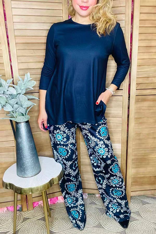 Blue 3/4 sleeve top & paisley pant women sets GJQ15672