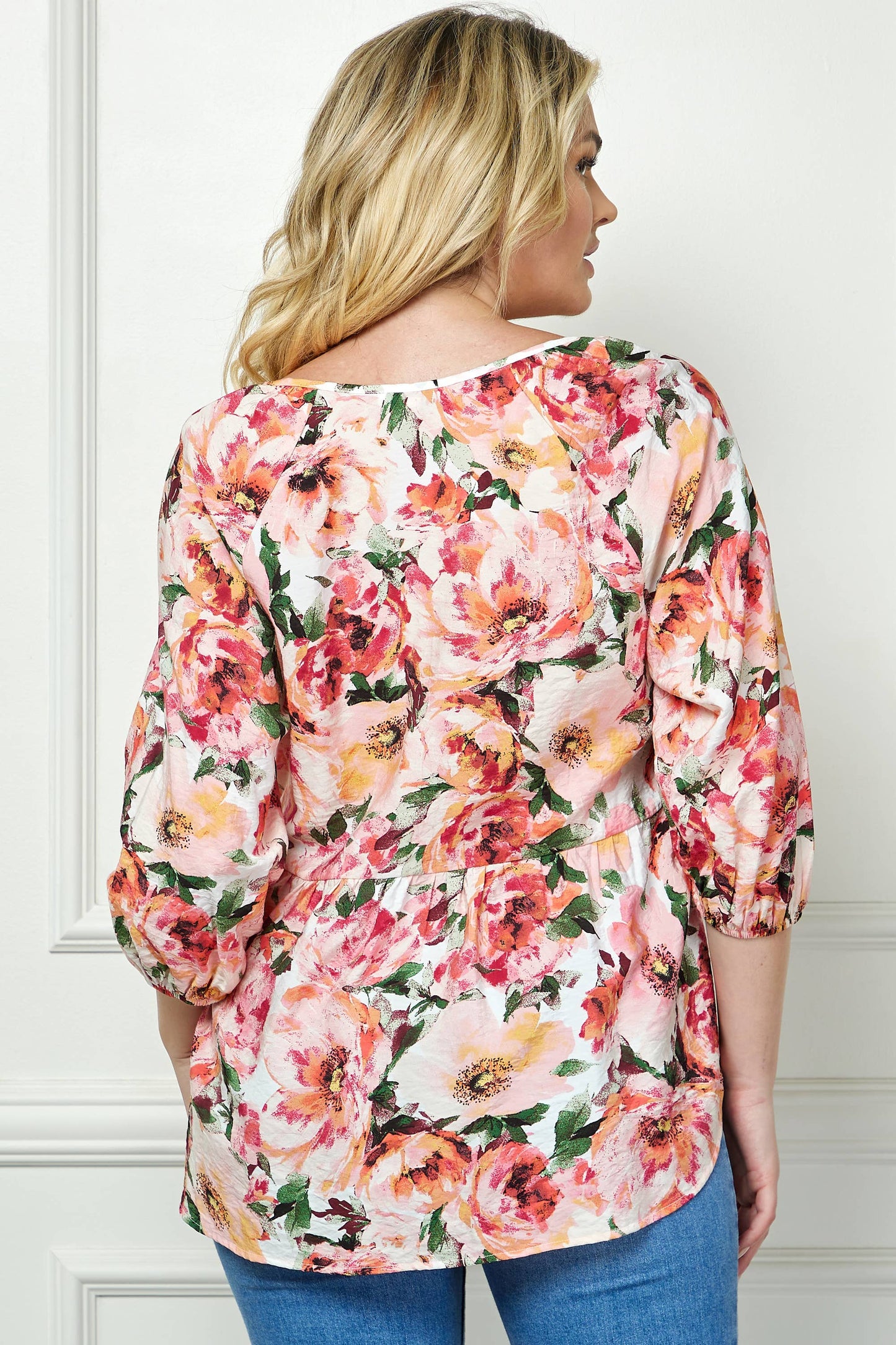 PLUS SIZE BLOOMING SUNSET FLORAL BABYDOLL TOP