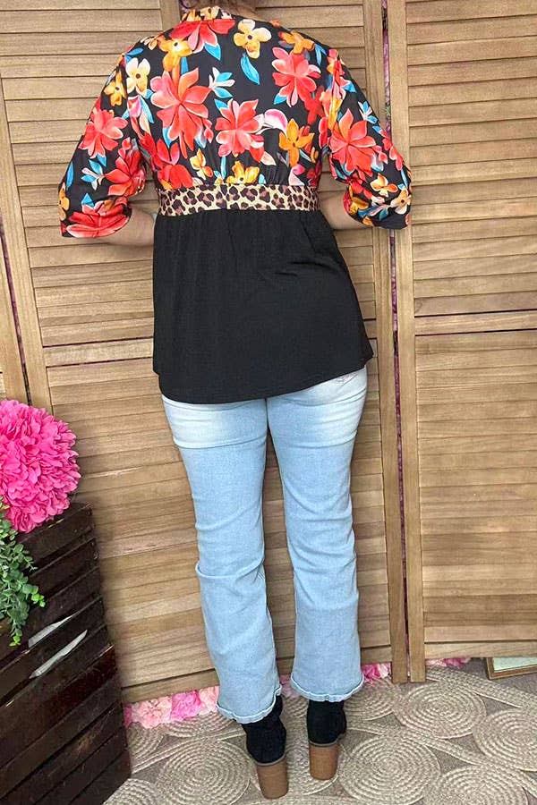 Floral & leopard & black half sleeves women top GJQ16303