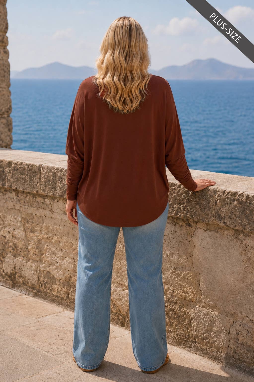 PLUS SIZE Drop Shoulder Round Hem Long Sleeve Top