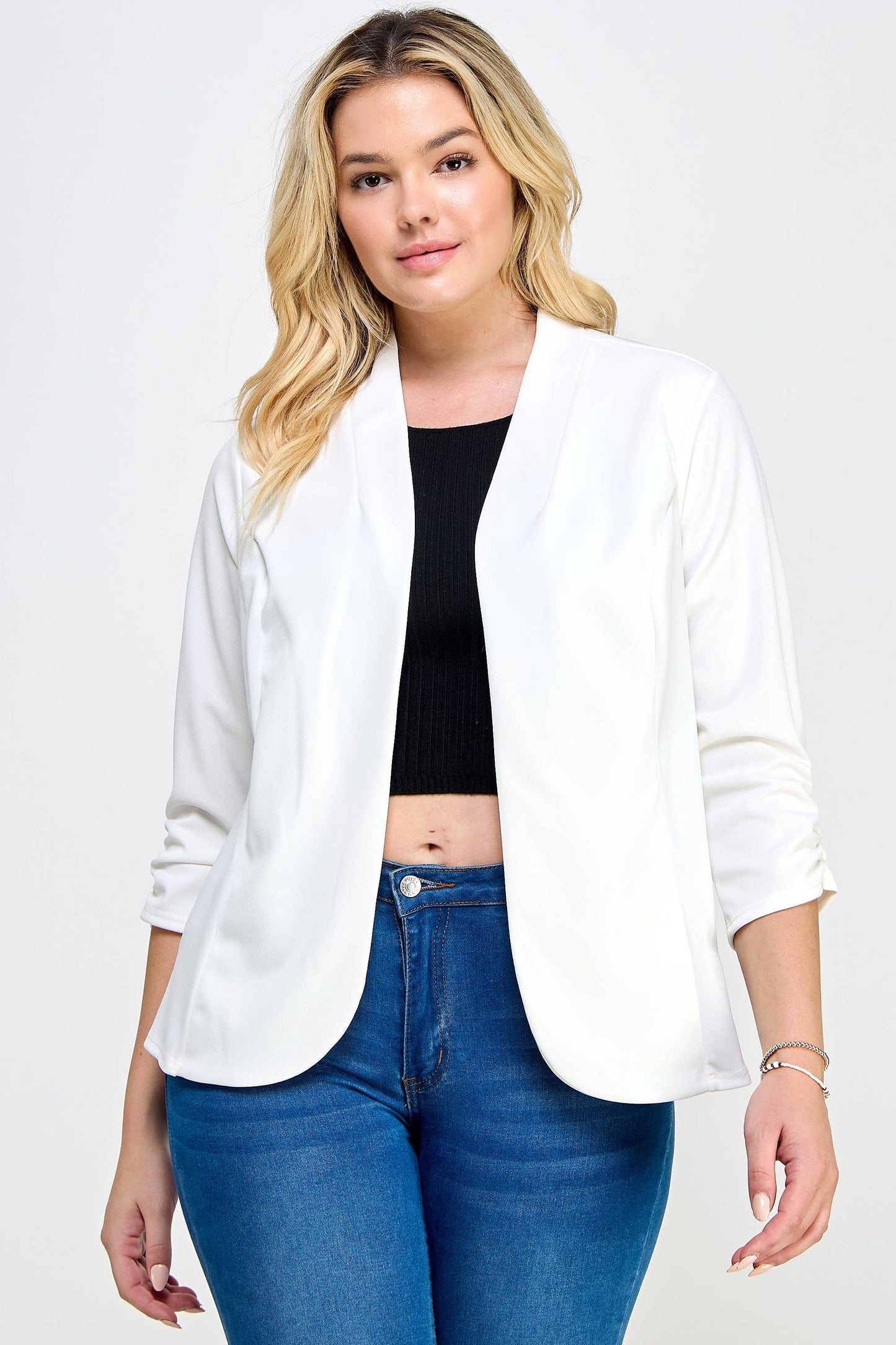 Plus Size Ruched 3/4 Sleeve Blazer - WG18353-J