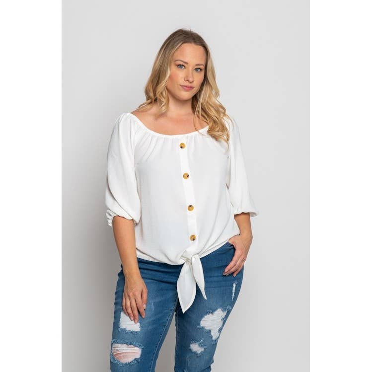 PLUS SIZE TIE FRONT OFF SHOULDER TOP