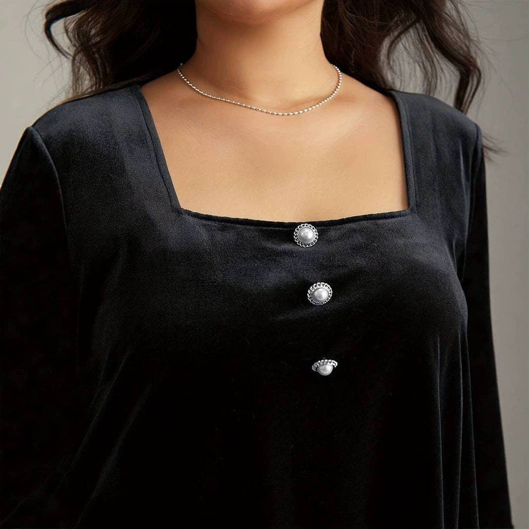 Velvet Top Square Neck Lantern Sleeves Slim Fit