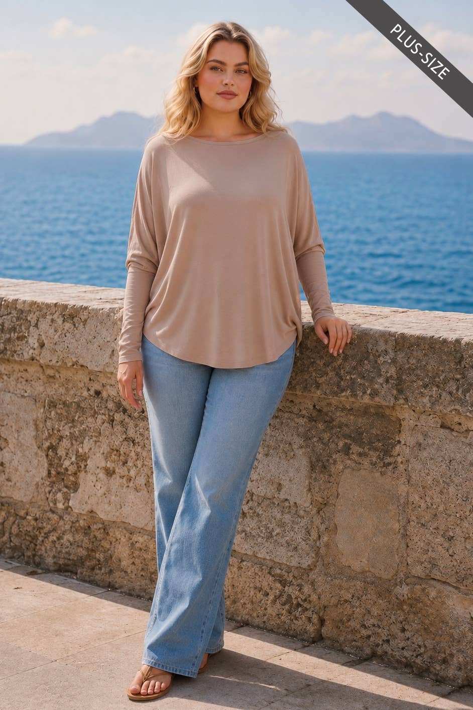 PLUS SIZE Drop Shoulder Round Hem Long Sleeve Top