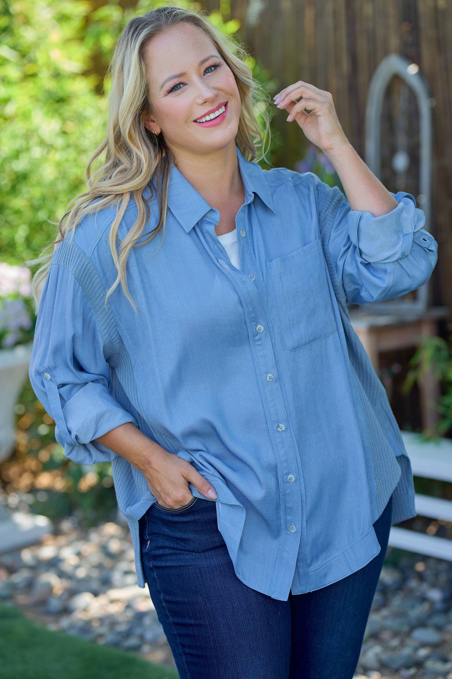 Plus Breezy Denim-Blue Button-Up-PIT6655