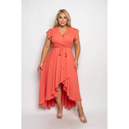 PLUS SIZE SURPLICE WRAP RUFFLE SLEEVE MIDI DRESS