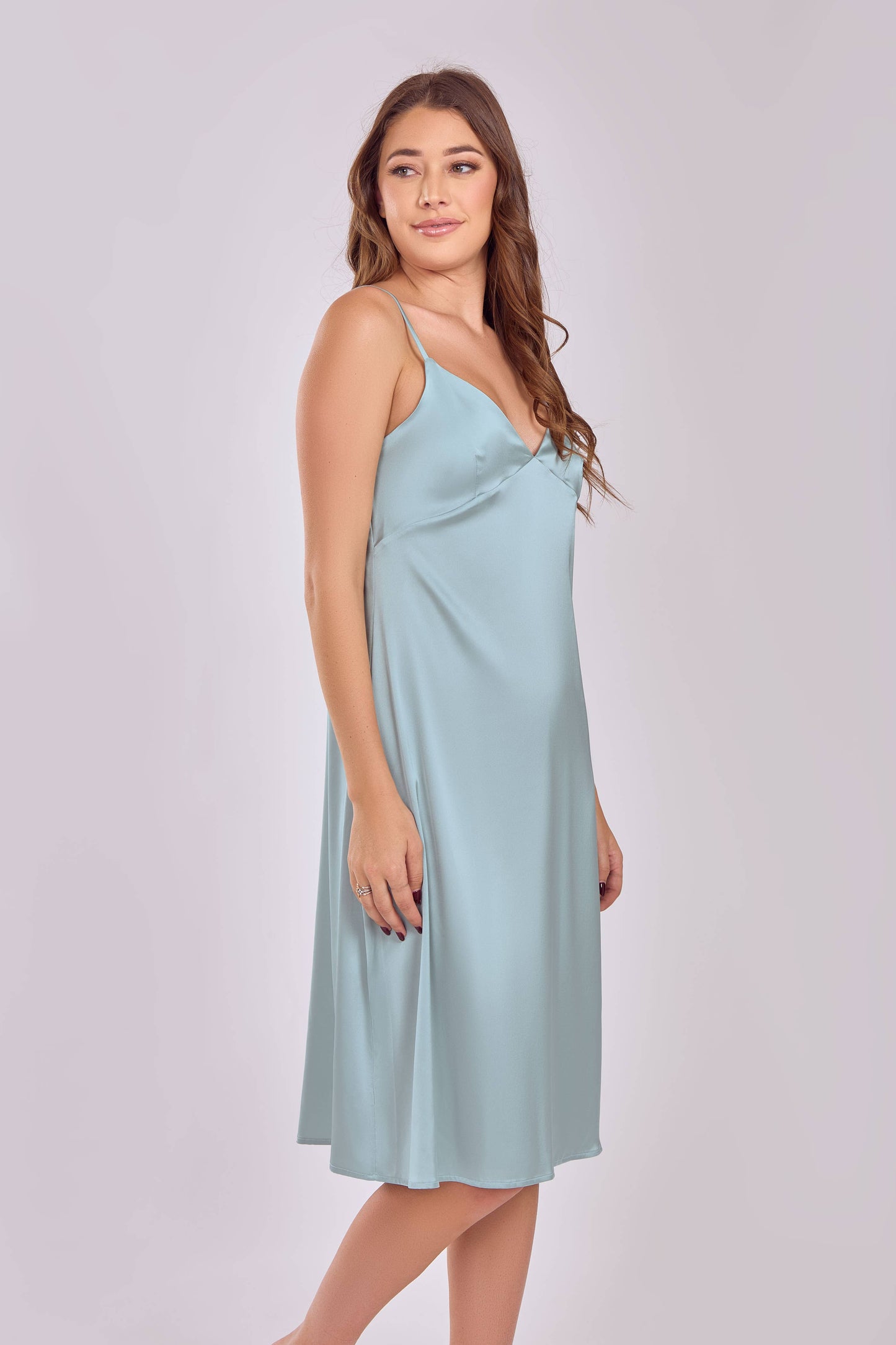 Camille Sage Stretch Satin Soft Cup Dress/Gown