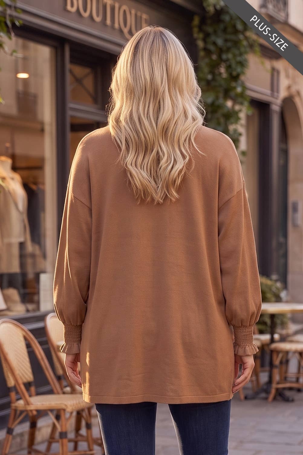 PLUS SIZE Soft Hacci Smocked Sleeve Open Front Cardigan