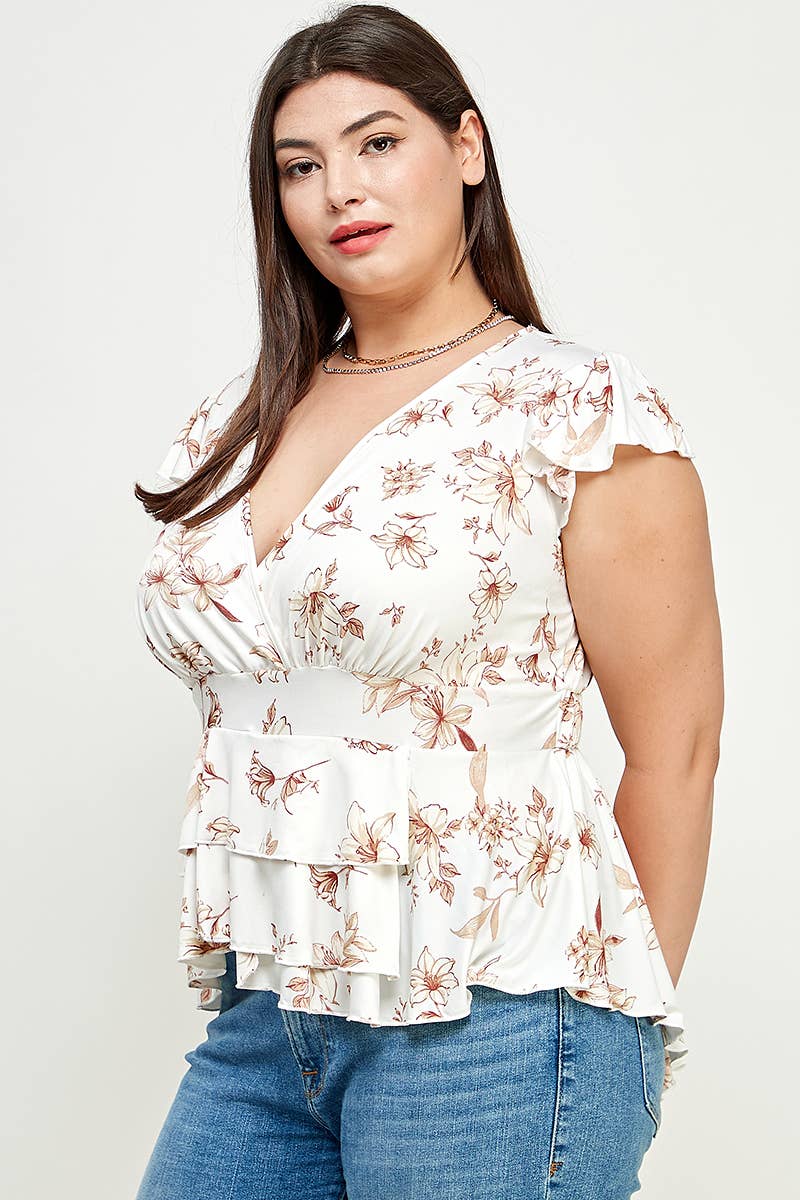 Plus Size Floral Ruffle Babydoll Top KY18037-T
