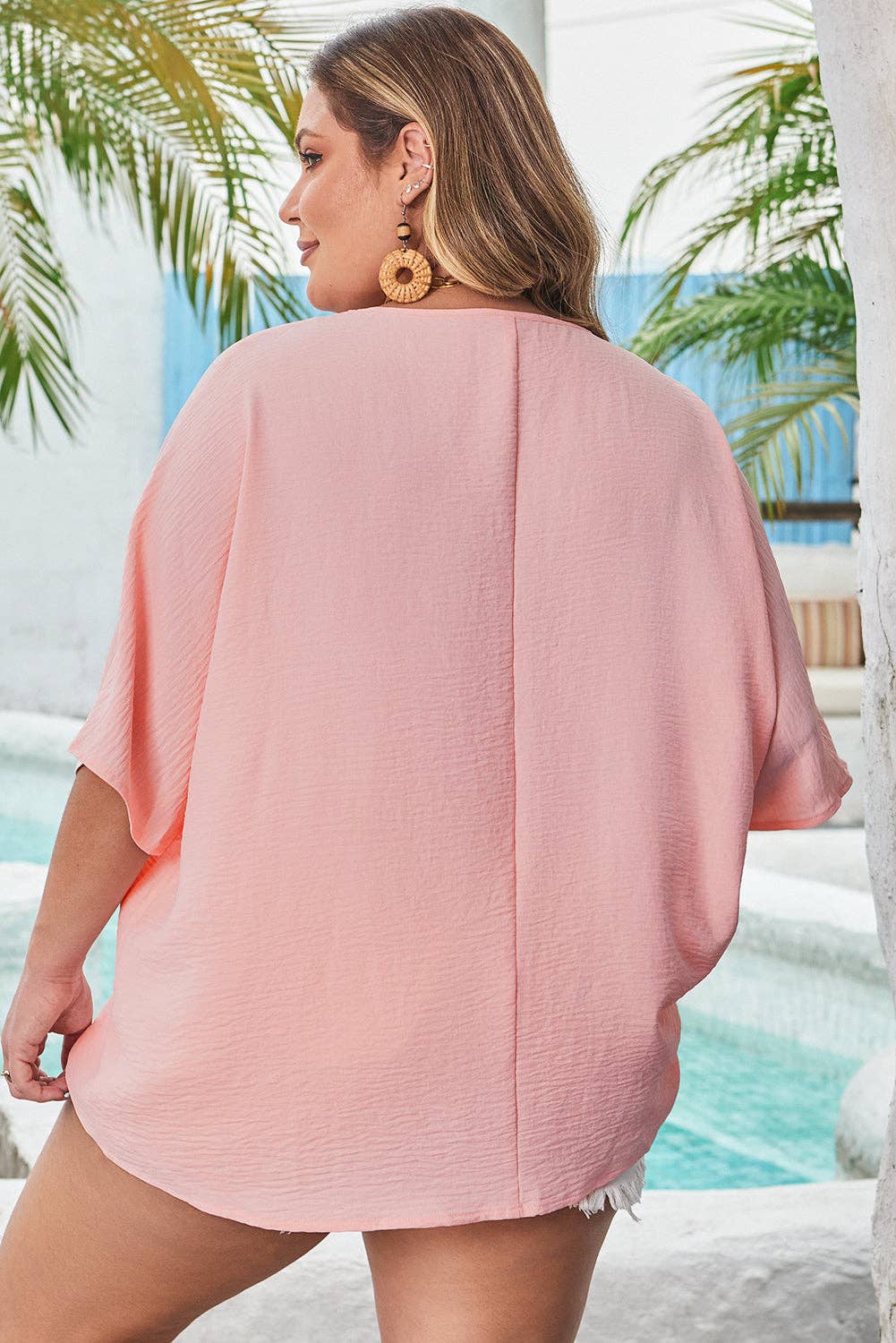 Plus Size Textured Short Sleeve V-Neck Shirt