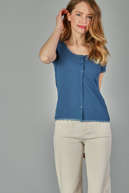 Solid rib button top with dtm edge lace- plus (P17893-PLUS)