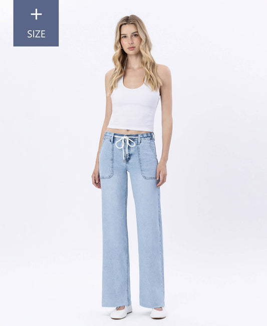 PLUS HIGH RISE DRAWSTRING WAISTBAND WIDE LEG JEANS LV1902-P