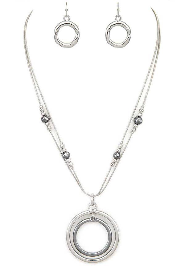 Metal Beads & 2 Tone Hoops Pendant Necklace Set