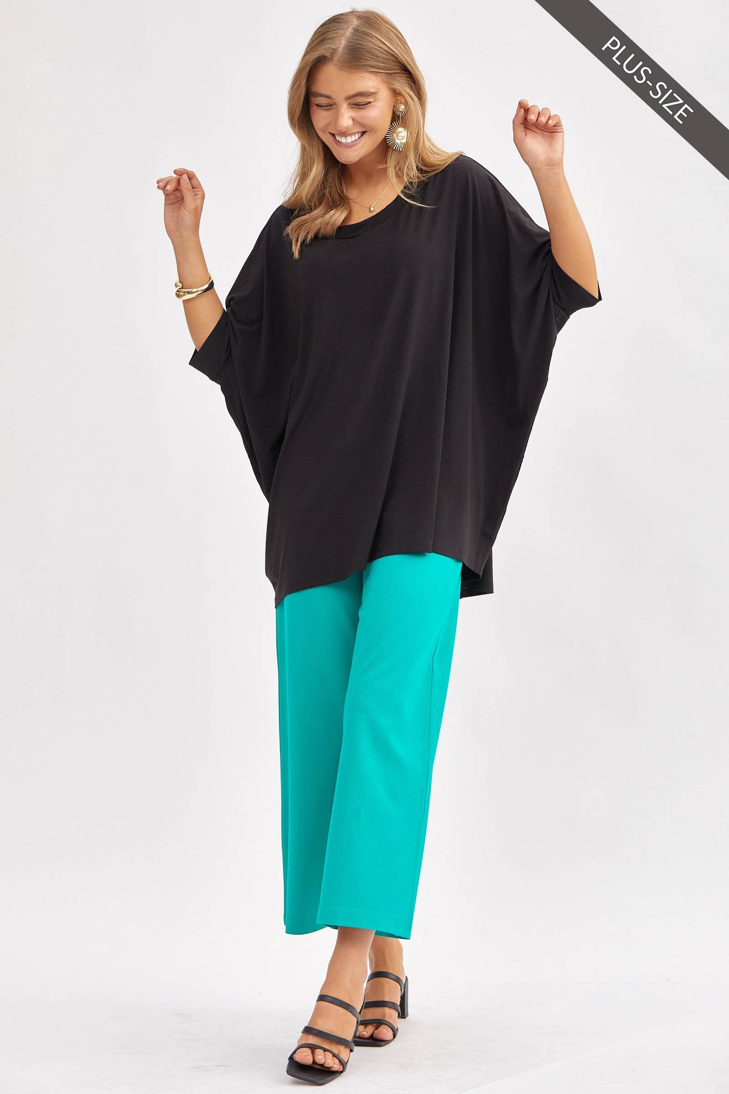 PLUS SIZE Relaxed Banded Dolman Sleeve Poncho-Like Tunic Top