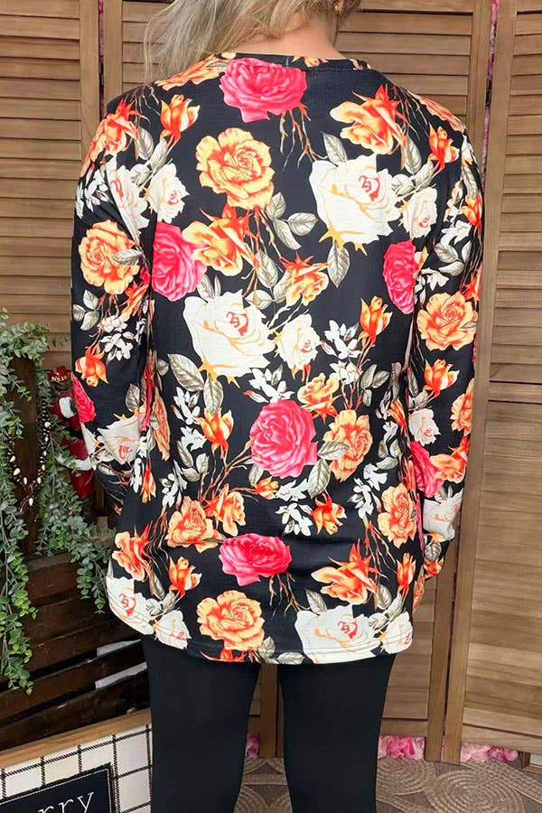 Floral multi color printed women black tops GJQ15766