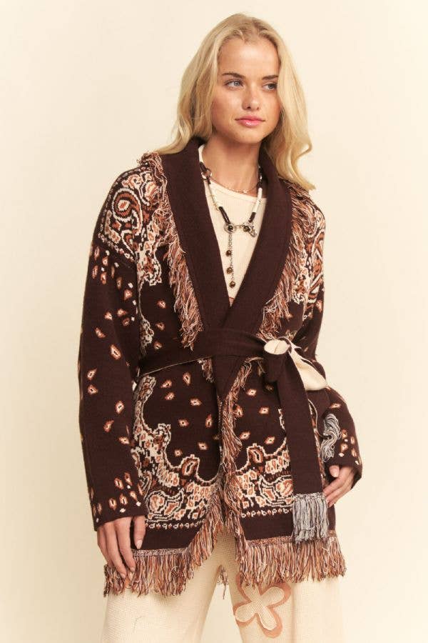 Plus - Fringe Trim Jacquard Belted Cardigan