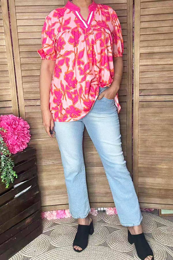 Pink floral puff sleeve baby doll women blouse GJQ16188
