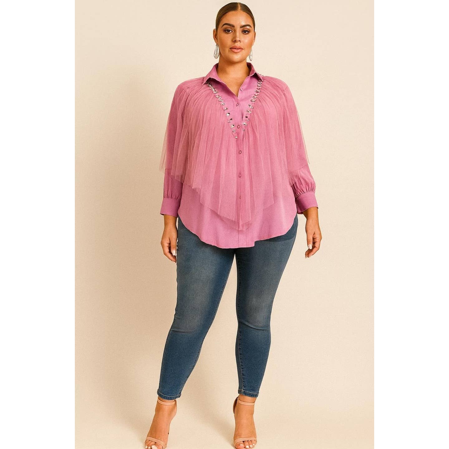 PLUS SIZE COLLARED RHINESTONE DETAIL TULLE LAYER BUTTON DOWN