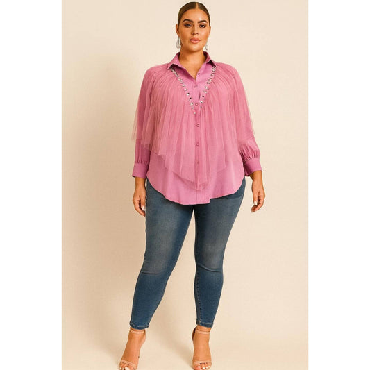PLUS SIZE COLLARED RHINESTONE DETAIL TULLE LAYER BUTTON DOWN