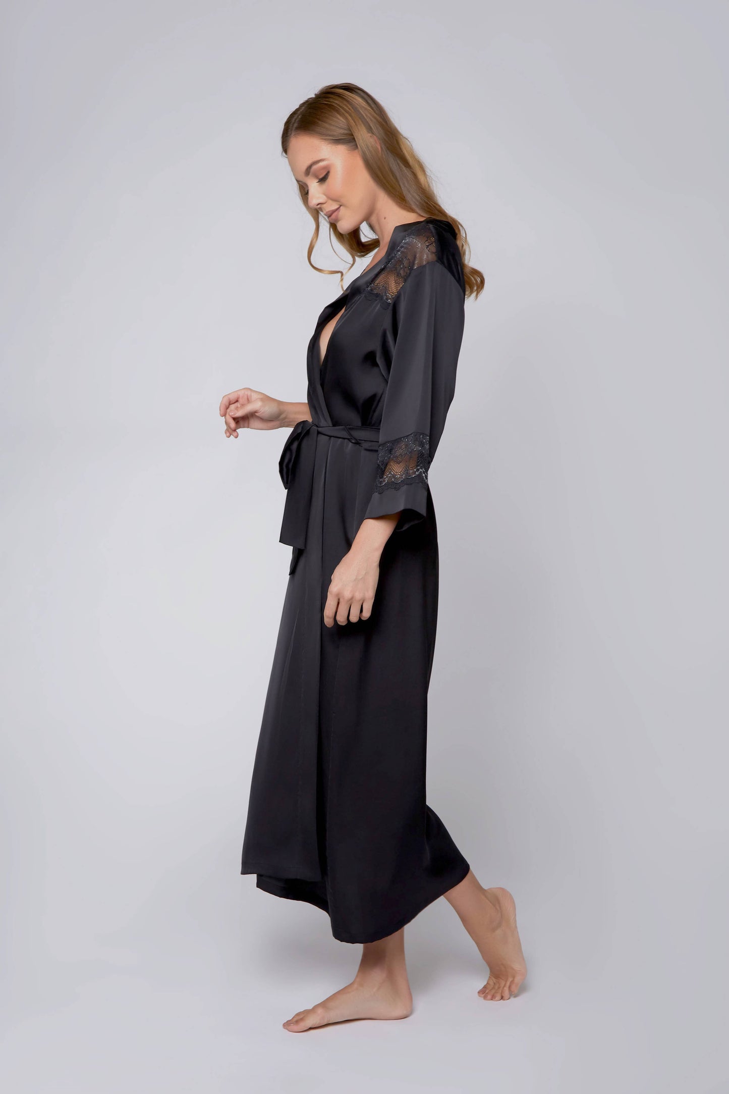 Tess Plus Size Stretch Satin Long Robe with Lace