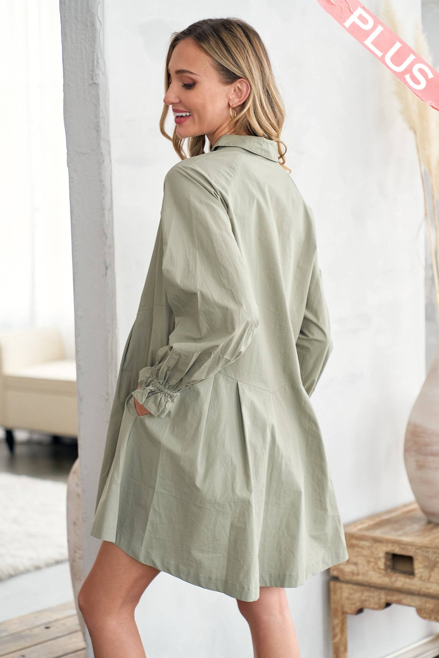 Plus raglan sleeve button shirt dress-PILD10706