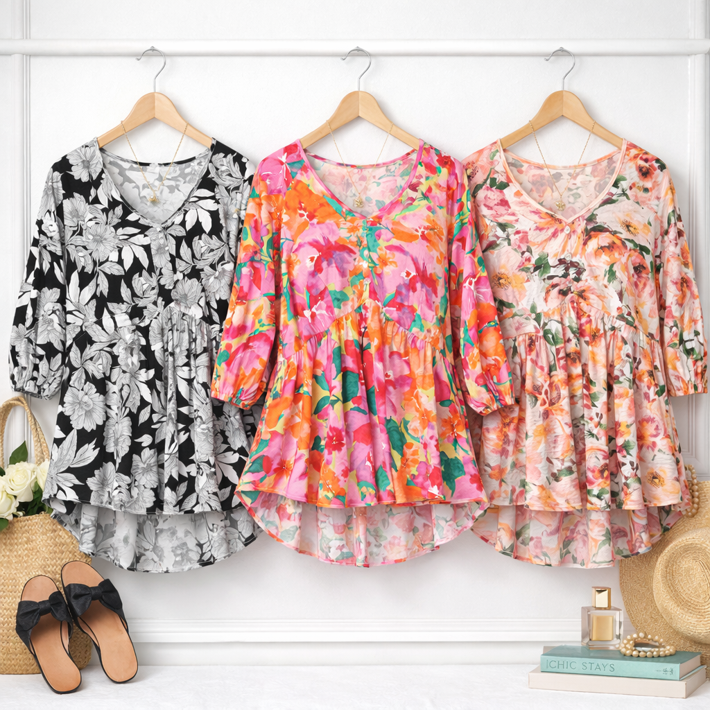 PLUS SIZE BLOOMING SUNSET FLORAL BABYDOLL TOP