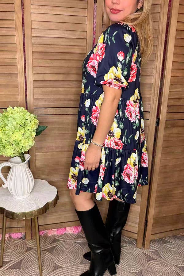 Floral print off shoulder short sleeve women dress GJQ15155