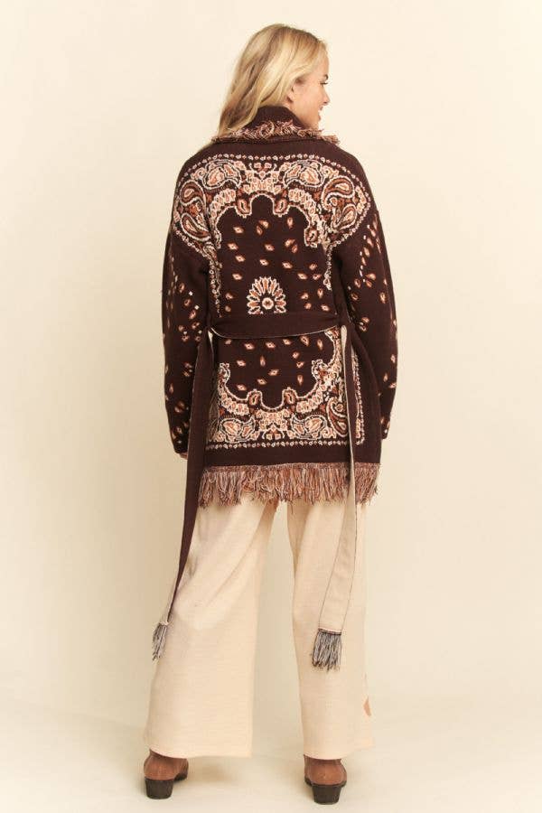 Plus - Fringe Trim Jacquard Belted Cardigan