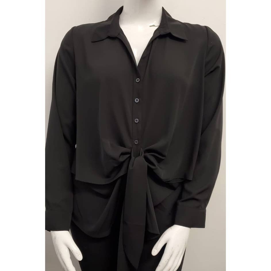 PLUS SIZE COLLARED BUTTON DOWN TIE WAIST CUT OUT LONG SLEEVE