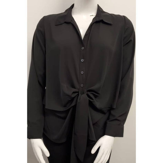 PLUS SIZE COLLARED BUTTON DOWN TIE WAIST CUT OUT LONG SLEEVE