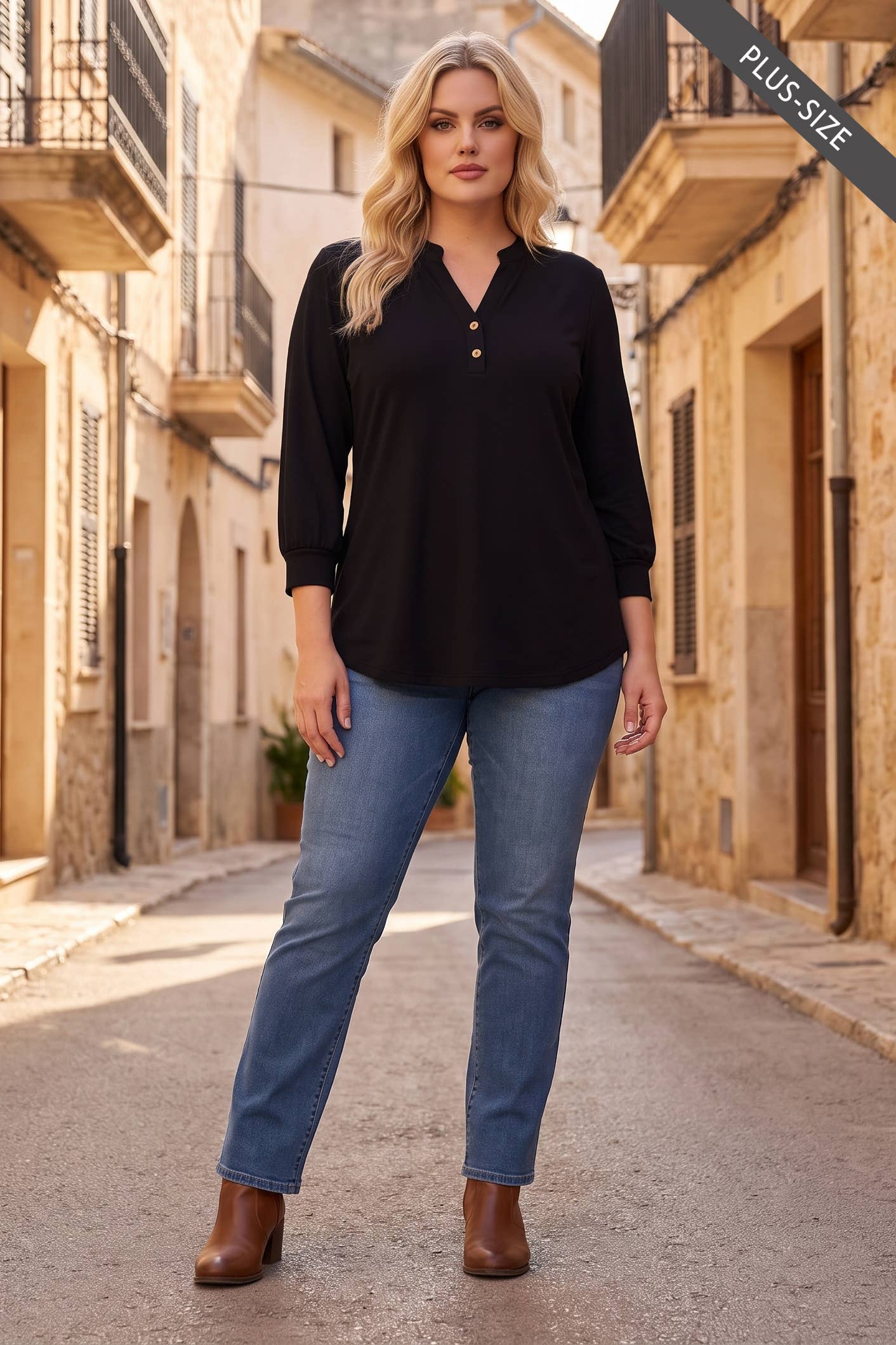 PLUS SIZE 3/4 Length Sleeve Button Down Blouse