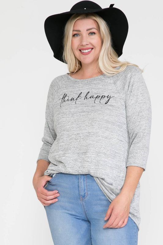 Plus Size 3/4 Sleeve "Think Happy" Graphic Top